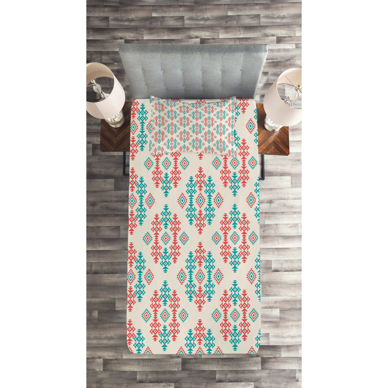 Ethnic Eclectic Polyester Geometric Shapes Coverlet, Twin Bedspread + 1 Sham
