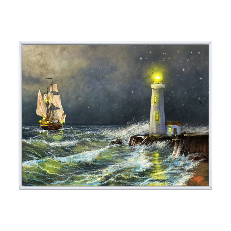 Phare sur la plage - art nautique et côtier sur toile, H 8 po x l 12 po x P 1 po, Cadre flottant blanc