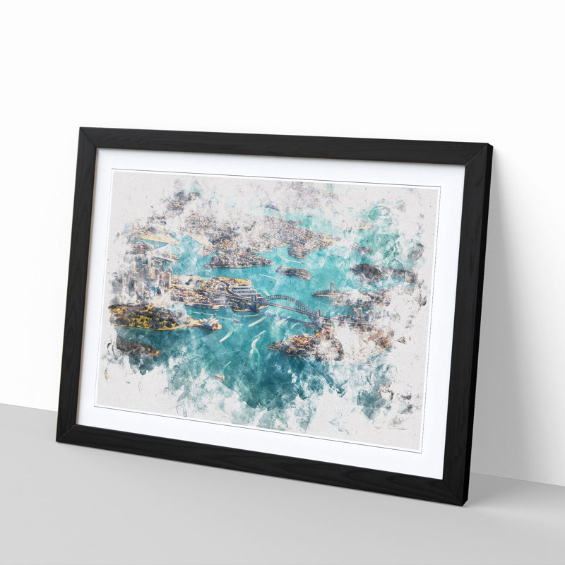 Birds Eye View of Sydney Australia Watercolour 1 Piece Single Picture Frame Wall Art on MDF, 36cm H x 48cm W x 2cm D