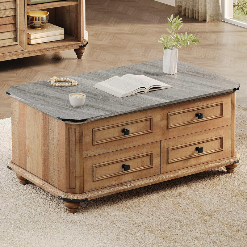 Table basse à plateau relevable avec rangement, compartiment caché, 2 tiroirs, table centrale en bois pour le salon ou la salle de réception, brun rustique