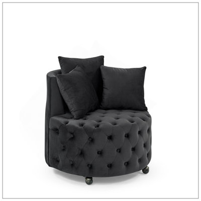 Velvet Upholstered Swivel Chair For Living Room, With Button Tufted Design And Movable Wheels, Including 3 Pillows