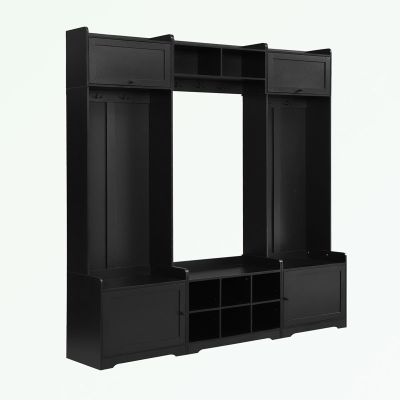 Hall Tree with Shoe Storage Bench, 8 Cubbies, 7 Coat Hooks and Adjustable Shelf, Black