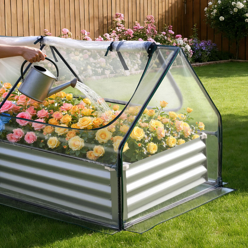 Raised Garden Bed with Cover, 6 x 3 x 1 ft, Rectangular Galvanized Metal Planter Box Kit Outdoor, with PE Greenhouse Cover & Gloves, Rustproof Alu-Zinc, for Growing Flowers Vegetables, Silver