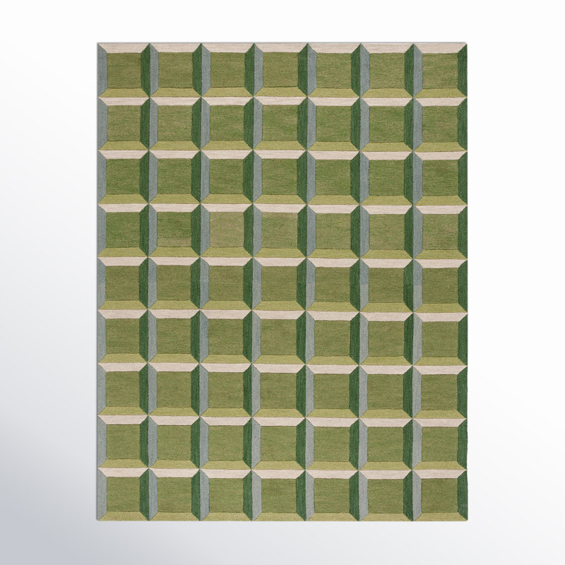 Giedre Geometric Hand Tufted Cotton/Wool Area Rug in Green/Beige, Rectangle 9' x 12'