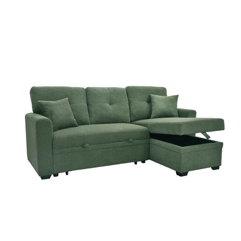 L-Shape 71" Wide Space-Saving Sleeper Sofa Upholstered Pull-Out Sofa Bed, Dark Green