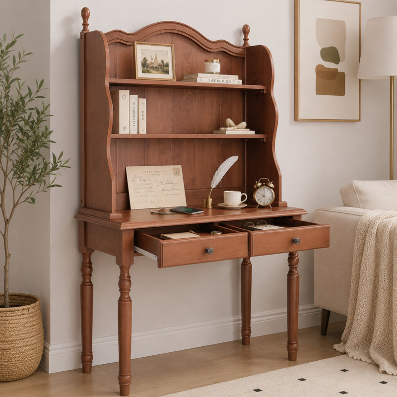 Bureau Marcell en bois d'hévéa de style Mid-Century avec tablette, deux tiroirs et étagères de rangement, Noyer