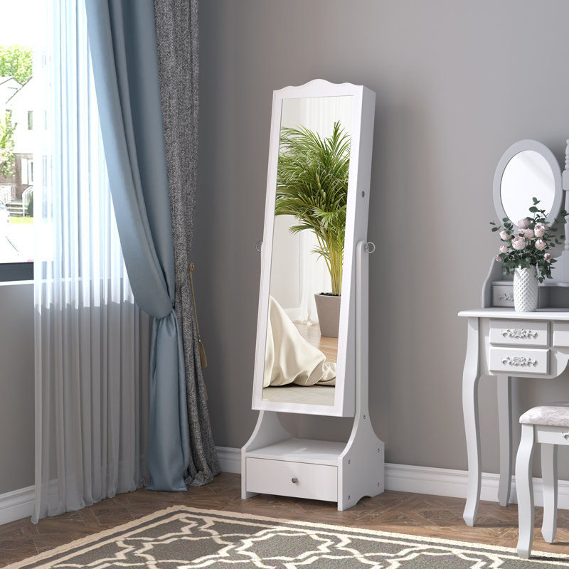 Harrold Mirrored Jewelry Cabinet Armoire Floor Standing w/ Lock LED Light, White