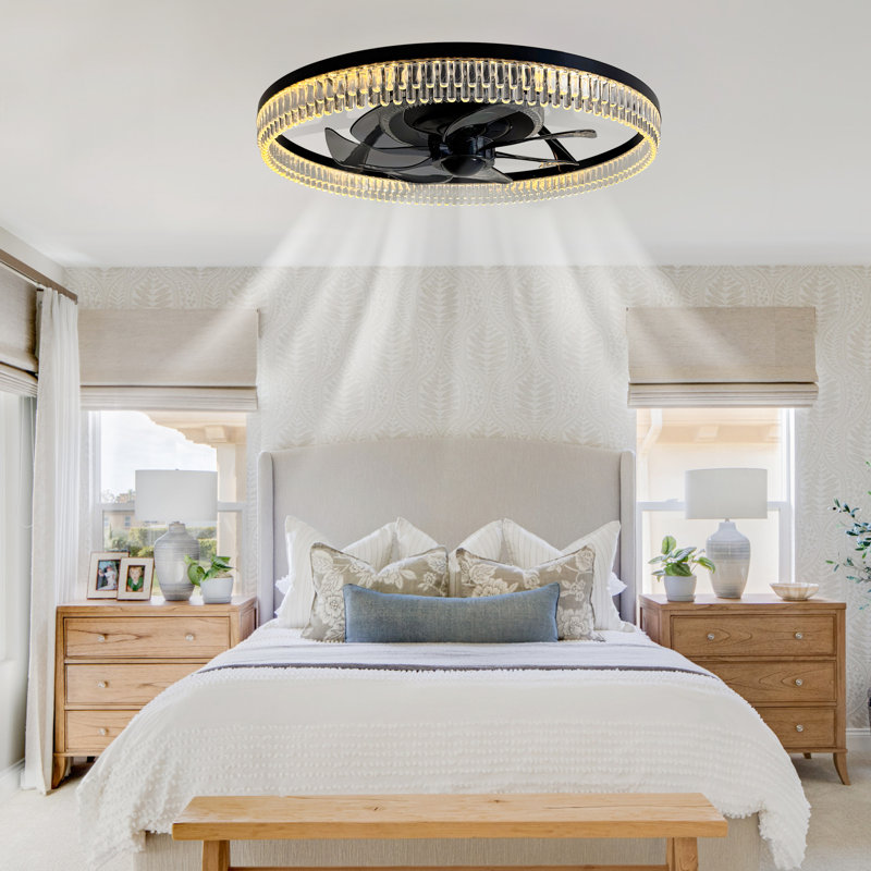 19" Modern Flush Mount Ceiling Fan With RGB Lights And Remote, Low Profile Bladeless Crystal Fandelier, 6-Speed Reversible DC Motor, Dimmable LED For Bedroom & Living Room