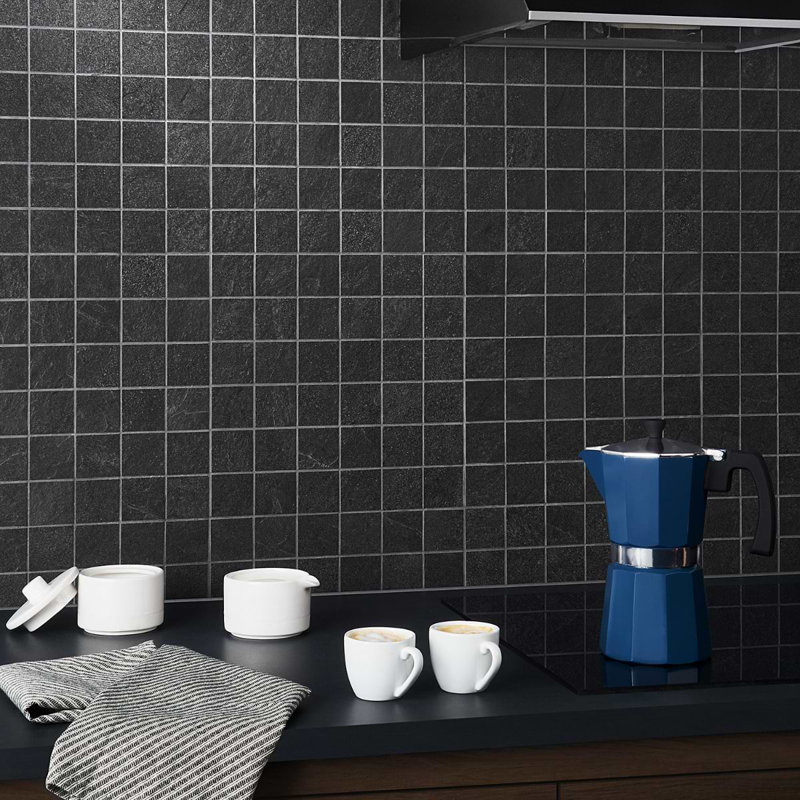 Era 12x12 Matte Textured Limestone Look Porcelain Mosaic Tile, Charcoal Black