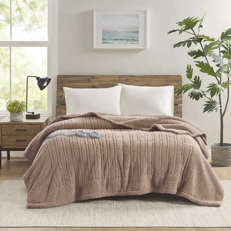 Couverture chauffante en sherpa, Grand lit, Ivoire