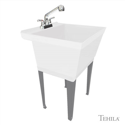 Tehila Standard Freestanding White Utility Sink with Chrome Pull-Out Faucet