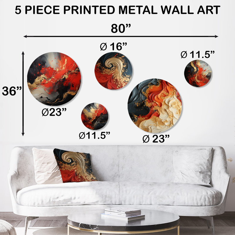 Rouge et rouge marbre volcan I - ensemble de 5 peintures murales abstraites