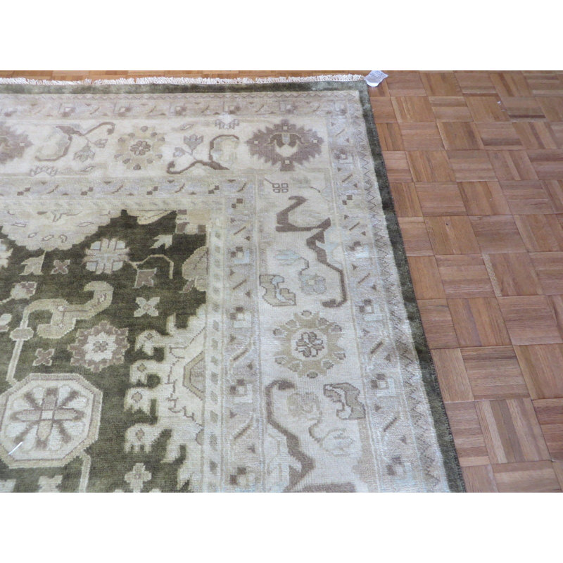 Tapis de zone en laine vert/ivoire 9 pi 5 po x 11 pi 10 po one-of-kind à la main noué la Josephson