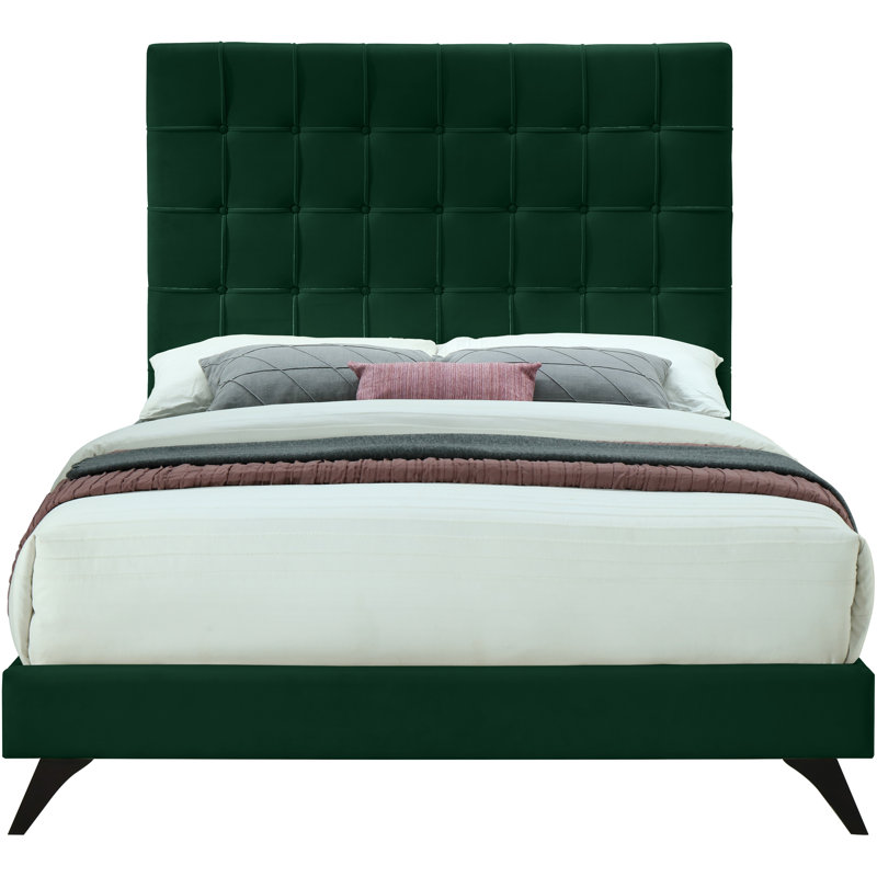 Lit plateforme tapissier Elly, Très grand lit, Velours vert