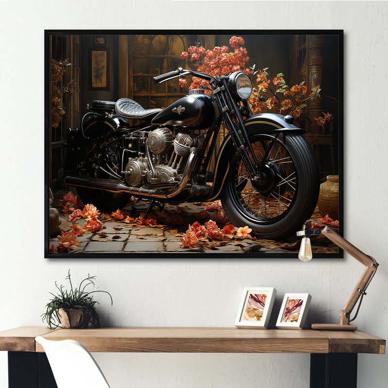 " Noir Motorcycle Mystery ", Black Floater Framed, 12" H x 20" W x 1" D