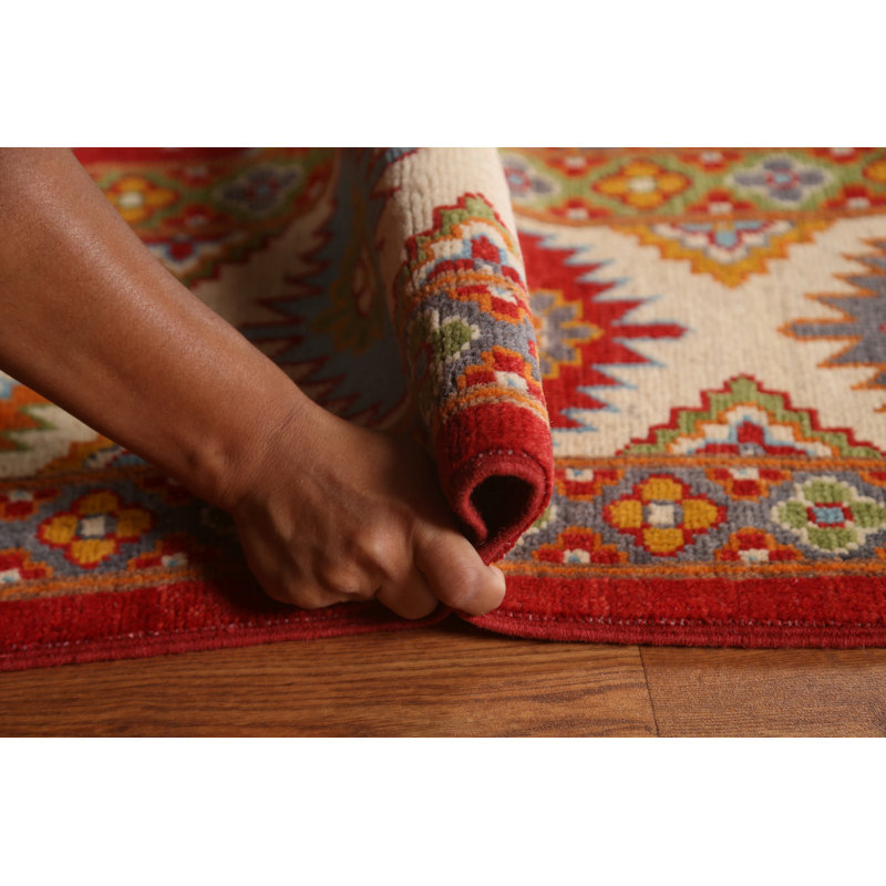 Tapis rouge / brun / orange en laine noué à la main de conception unique 6 pi 7 po x 10 pi New Age