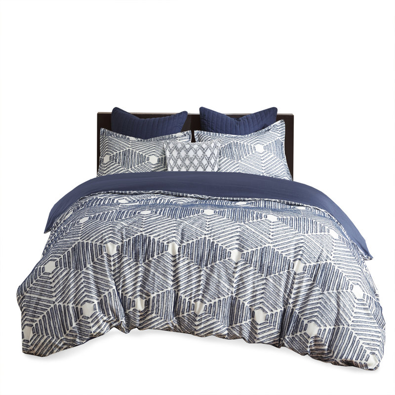 Housse de couette en coton très grand / très grand - motif géométrique bleu marine avec dossier uni, coton, motif 2 taies décoratives, revers, attaches de coin, literie de luxe
