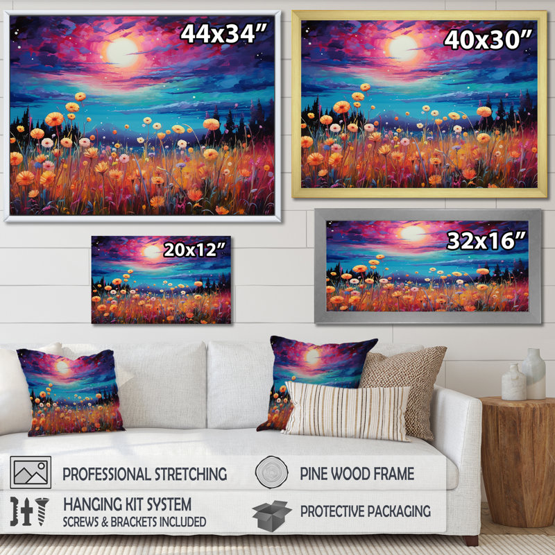 Pleine lune magique sur une fleur de prairies sur toile, Cadre simple argenté, H 24 po x l 32 po x P 1 po