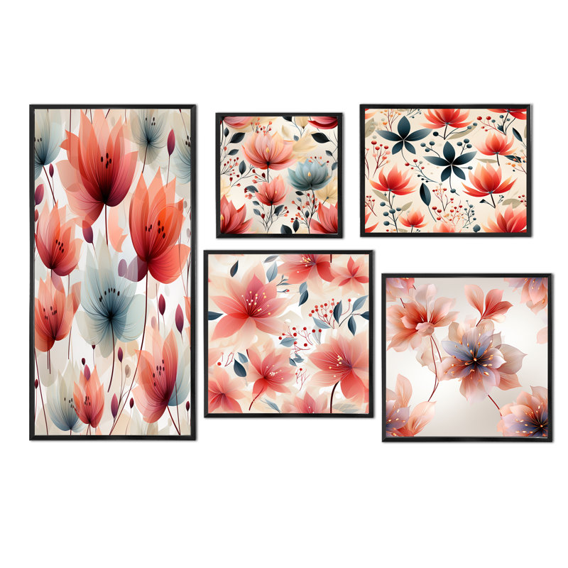 Élégant motif floral rouge - ensemble de 5 décorations murales florales, Cadre flottant noir