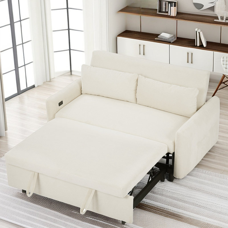 Isel 57'' Sofa Bed Sleeper Loveseat with USB Port and Two Pillows, Beige Corduroy