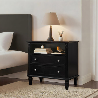 Mid-Century Modern Nightstand with 2 Drawers and Open Storage, Farmhouse Bedside Table with USB Ports and Electrical Outlets, Fluted Pilaster Design a by Alcott Hill