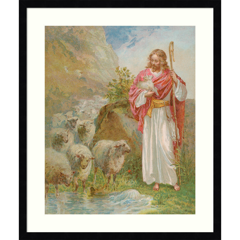 «The Good Shepherd» par English School, reproduction d'art encadrée sur bois