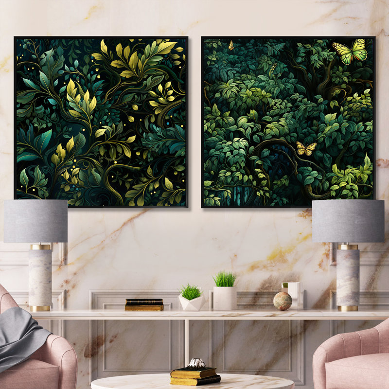 Hanshew - Ensemble de 2 collages carrés botaniques abstraits, Cadre flottant noir, H 36 po x l 73 po