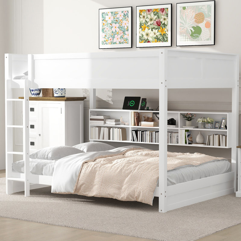 Lit superposé grand sur grand avec armoires de rangement et ports USB, blanc