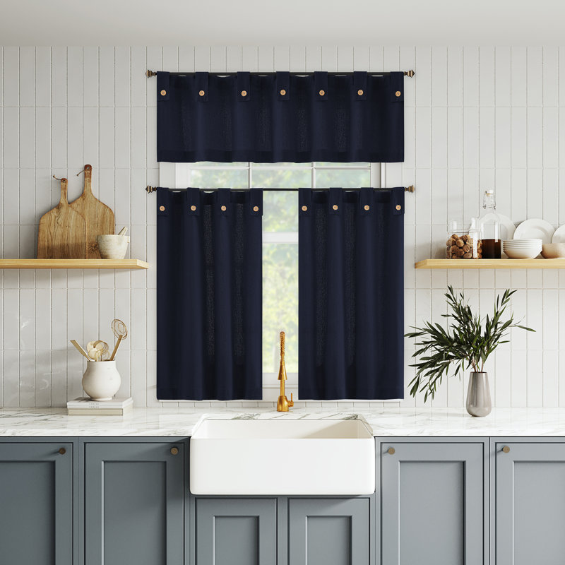 Zaybree Cotton Blend Button Tab Top Cafe Curtain (Set Of 2), Blue