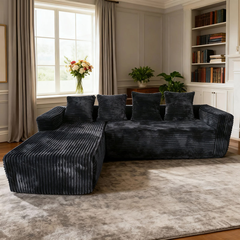Canapé modulaire 104 po avec méridienne en L 104 po, Velours côtelé noir