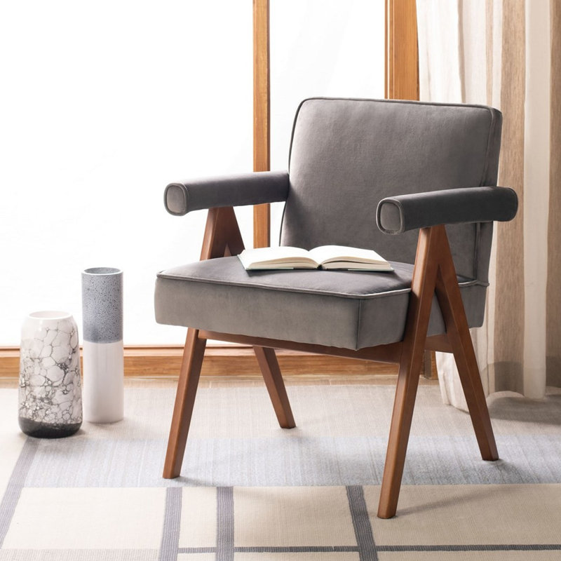 Fauteuil Towslee, Velours gris foncé, Noyer