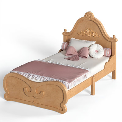 Lit plateforme en bois à profil bas avec tête de lit rétro sculptée