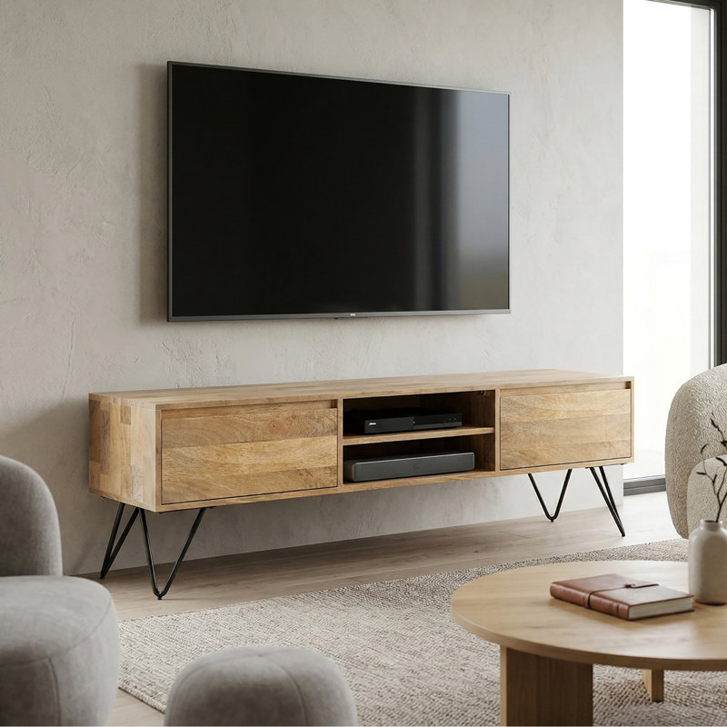 68"W Solid Mango Wood Industrial TV Stand for TVs up to 75" with 2 Drawers and Open Shelf