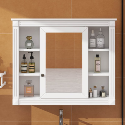 Armoire à pharmacie avec miroir, armoire de salle de bain murale 35 po x 28 po avec porte et 6 tablettes ouvertes, armoire de salle de bain avec miroir