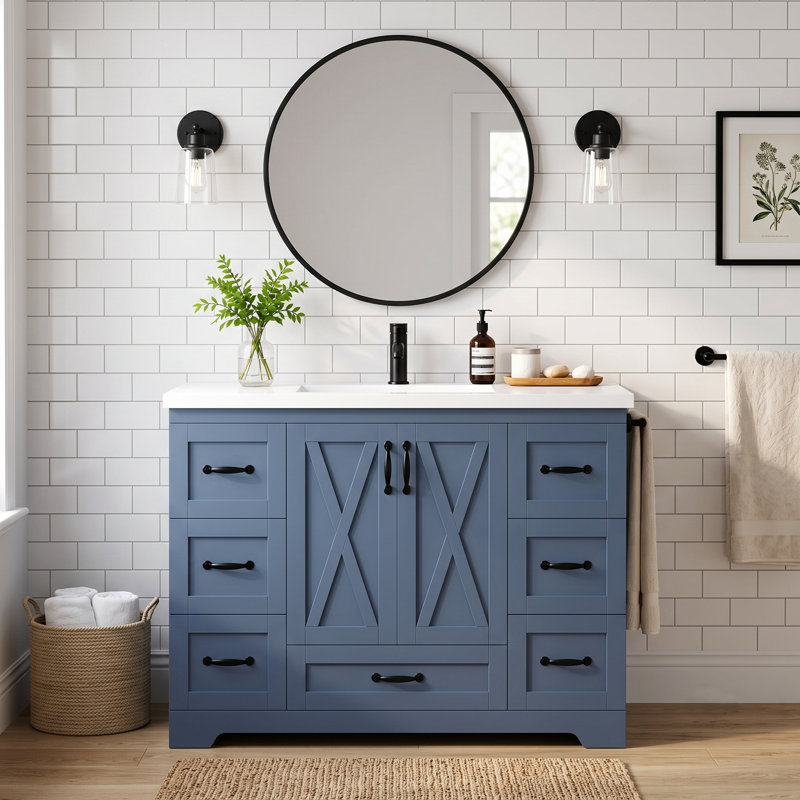 Meuble-lavabo simple autoportant 48 po avec plateau en céramique, tablette réglable, rangement pour porte et barre à serviettes latérale 48 po