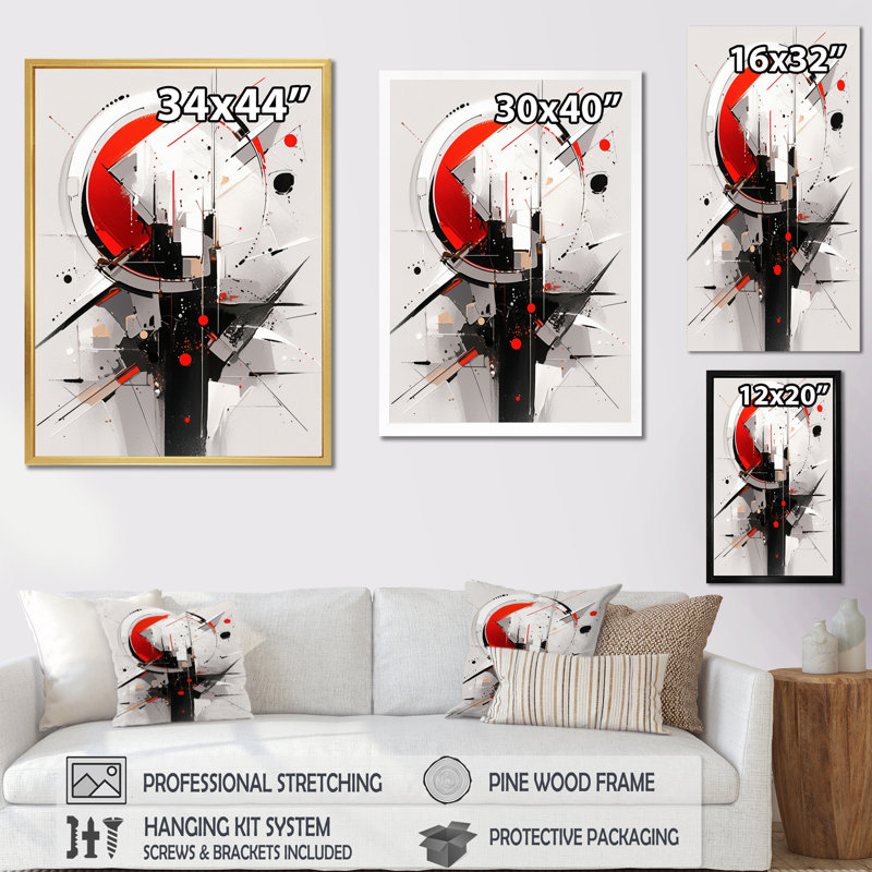 Tourbillons rouges et noirs à multiples facettes, impression sur toile, Cadre simple noir, H 32 po x l 16 po x P 1 po