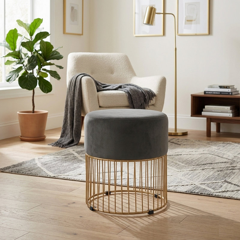 Repose-pieds rond en velours 1pc avec cadre doré luxueux, repose-pieds rembourré confortable, gris, Gray