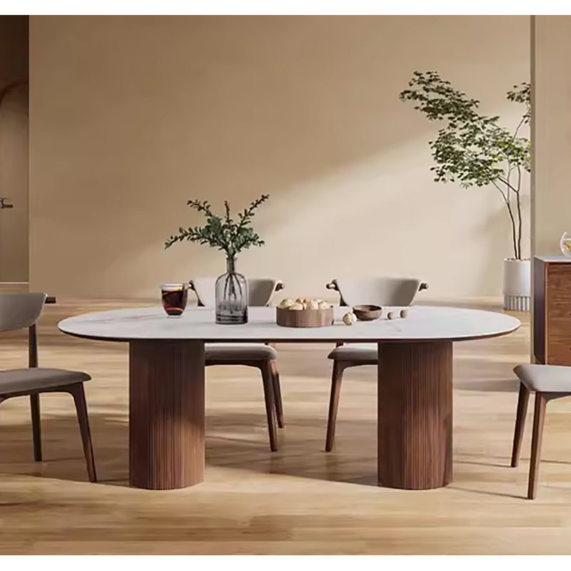 Maxsony 71" Mid Century Dining Table with Glossy Stone Tabletop, Rectangular  Kitchen Table with Solid Wood Double Pedestal for 6