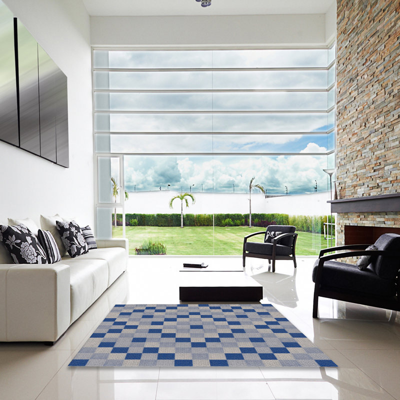 Tapis bleu/gris à motifs, Carré 5 pi