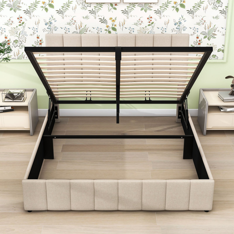 Upholstered Platform Bed with Hydraulic Storage System and Headboard, Full, Beige