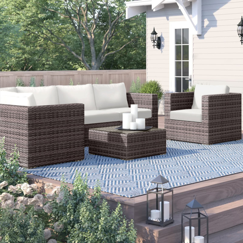 Clem Wicker Fully Assembled 5 - Person Seating Group with Sunbrella Cushions, Mixed Gray, Sunbrella Canvas