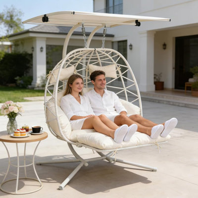 Double Egg Chair with Canopy, 2 Person Wicker Hanging Swing Chair with Stand & Cushion, Outdoor Patio Swing Chair with Adjustable Shade for Backyard, Garden, Balcony, Max Load 500 LBS（Black+Gray）