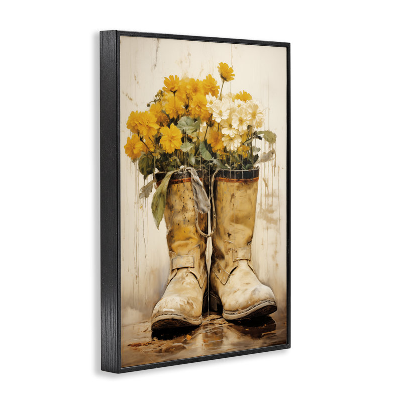 Fleurs dans des bottes de campagne robustes, giclée encadrée, design par Heidi Kuntz, Giclée encadrée noir minuit
