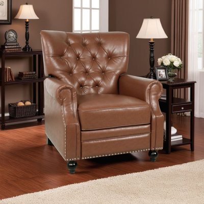 Fauteuil inclinable, pieds tournés, similicuir capitonné à boutons brun clair