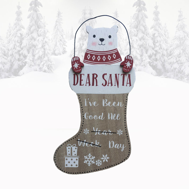 Polar Bear Dear Santa Wooden Stocking Plaque