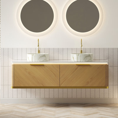 Meuble-lavabo de salle de bain de 60 po Dipa, armoire de rangement flottante en contreplaqué avec tiroir, capteur de lumière, 2 vasques en céramique blanche à motif de pierre et plateau en pierre frittée, pré-assemblé, couleur grain de bois espresso