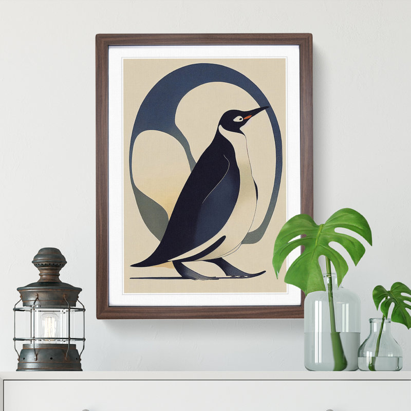 Penguin Art Nouveau - Wall Art, 36cm H x 27cm W, Walnut Framed Paper, White
