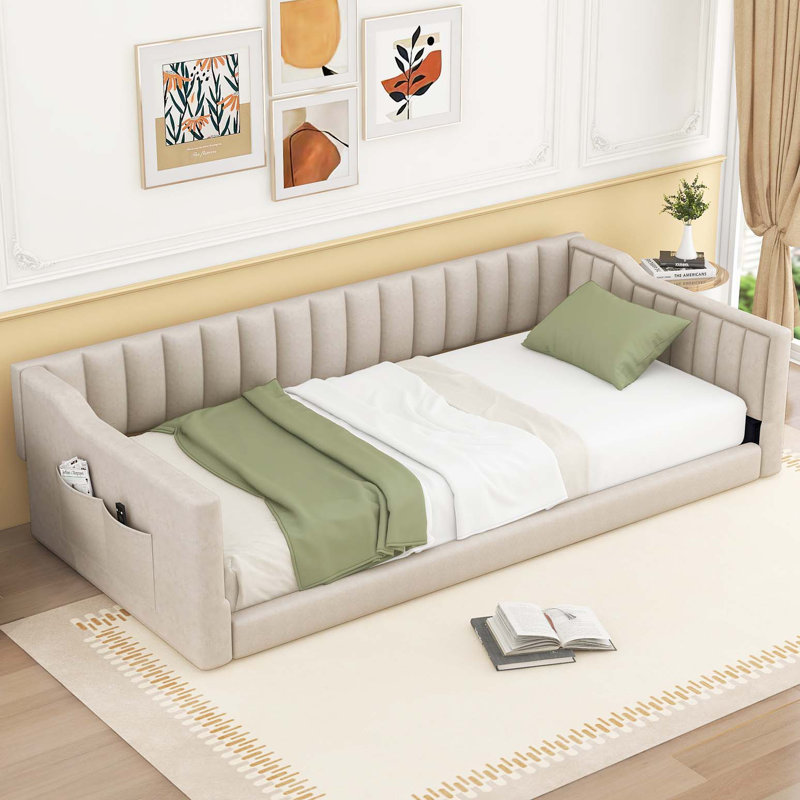Upholstery Daybed and Side Storage pocket, Beige, Twin