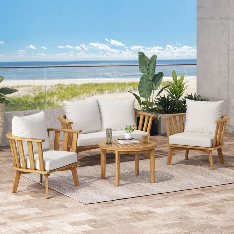 4-Pieces Acacia Wood Patio Furniture Set, Outdoor Furniture With Coffee Table, Patio Conversation Set Deep Seating With Soft Cushion, Porch Chairs For Backyard Porch Balcony
