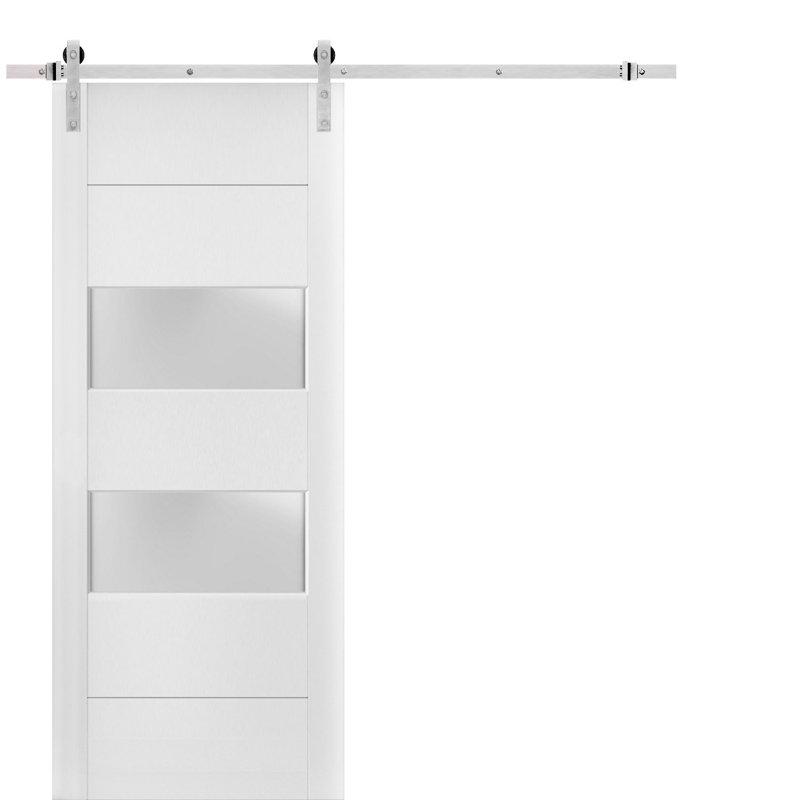Porte de grange en verre givré blanc Lucia avec trousse de quincaillerie d'installation, 24 po x 96 po, Argent